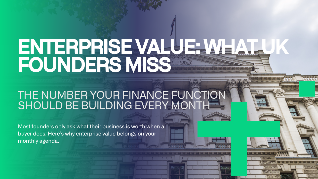 Founder reviewing an enterprise value dashboard showing margin, cash flow and revenue trends
